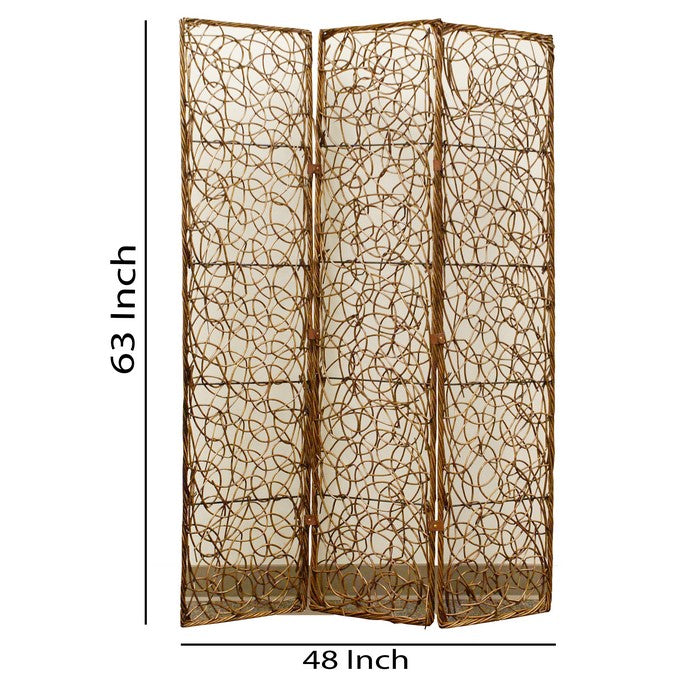 3 Panel Foldable Wooden Screen with Lattice Design, Brown