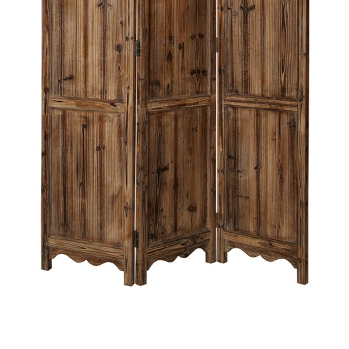 3 Panel Foldable Traditional Wooden Screen with Rustic Touch, Brown