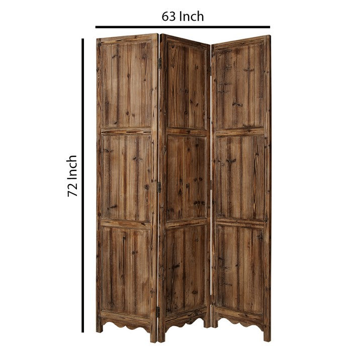 3 Panel Foldable Traditional Wooden Screen with Rustic Touch, Brown