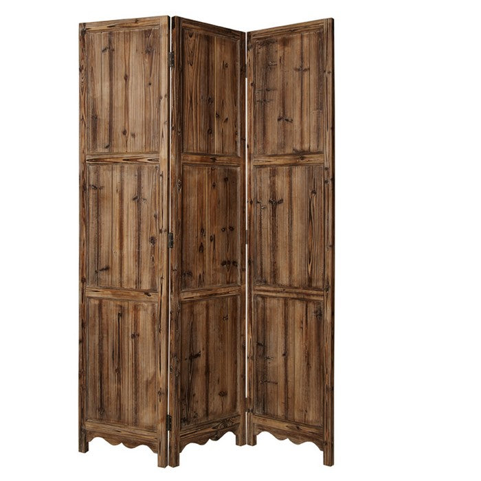 3 Panel Foldable Traditional Wooden Screen with Rustic Touch, Brown