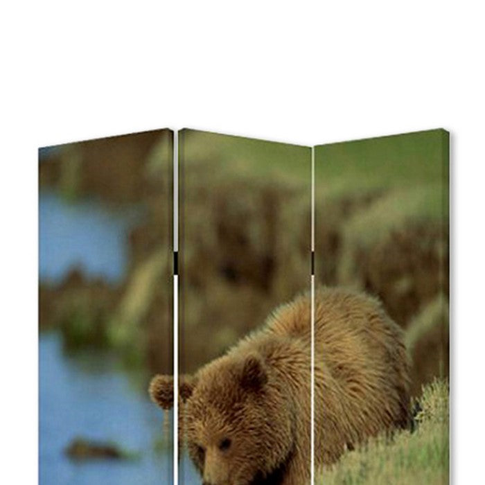 3 Panel Foldable Wooden Screen with Bear Print, Blue and Brown