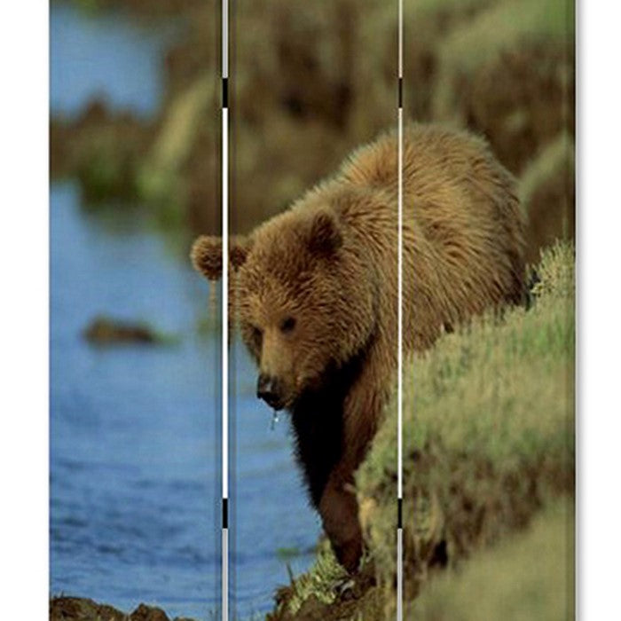 3 Panel Foldable Wooden Screen with Bear Print, Blue and Brown