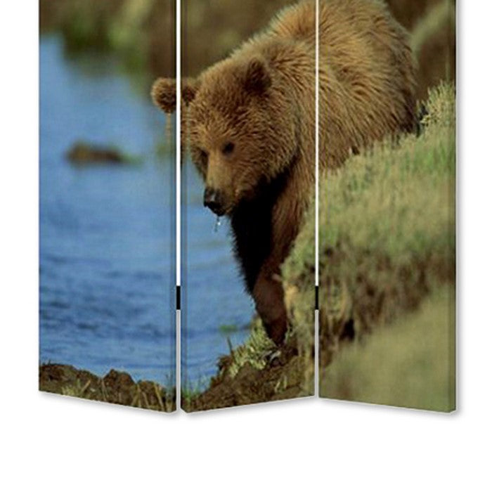 3 Panel Foldable Wooden Screen with Bear Print, Blue and Brown