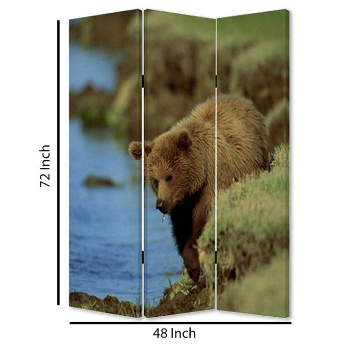 3 Panel Foldable Wooden Screen with Bear Print, Blue and Brown