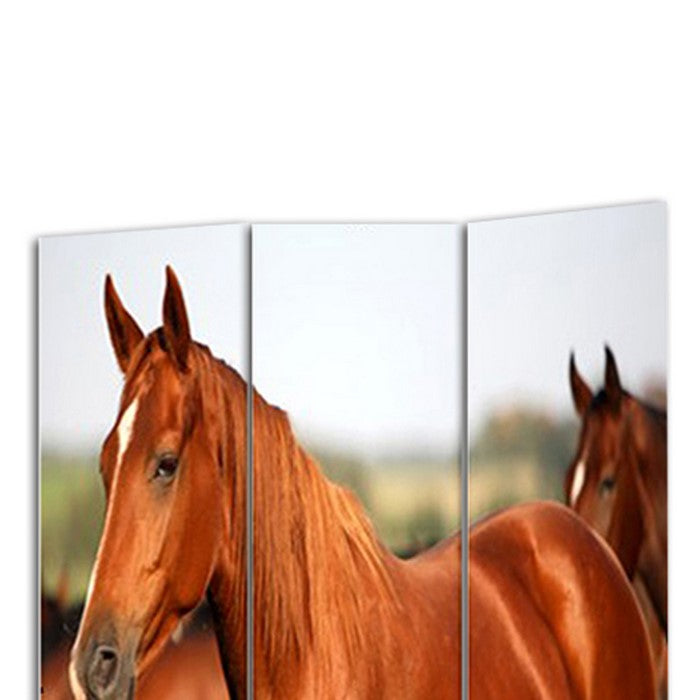 3 Panel Foldable Wooden Screen with Horse Print, Brown