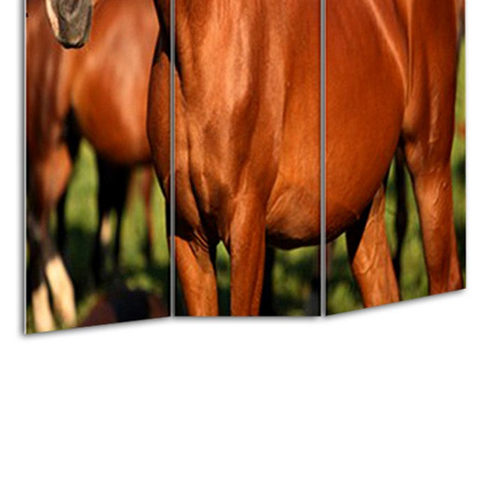 3 Panel Foldable Wooden Screen with Horse Print, Brown