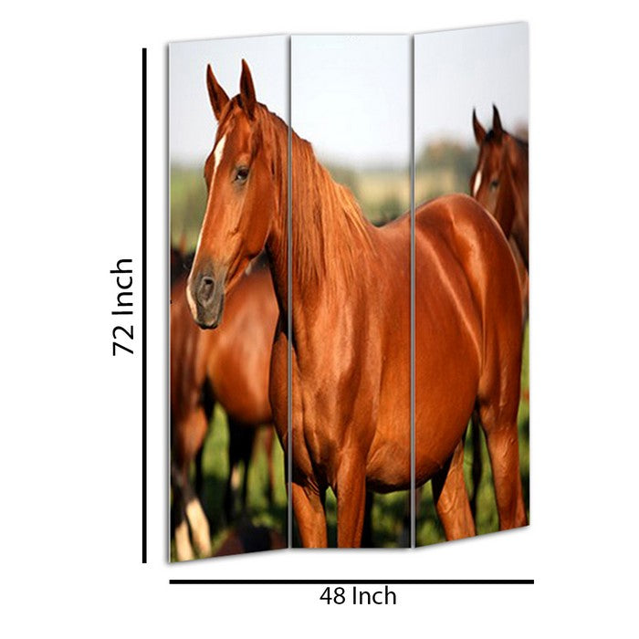 3 Panel Foldable Wooden Screen with Horse Print, Brown