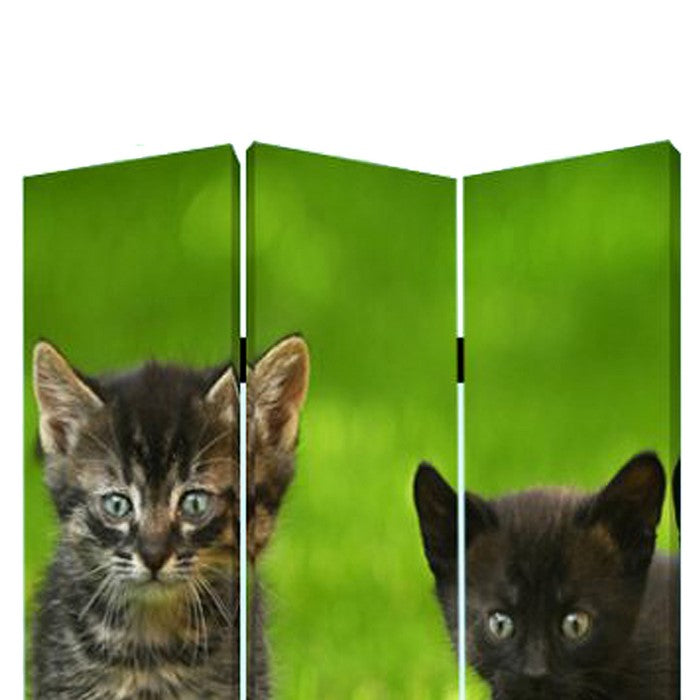 3 Panel Foldable Wooden Screen with Kitten Print, Brown and Green