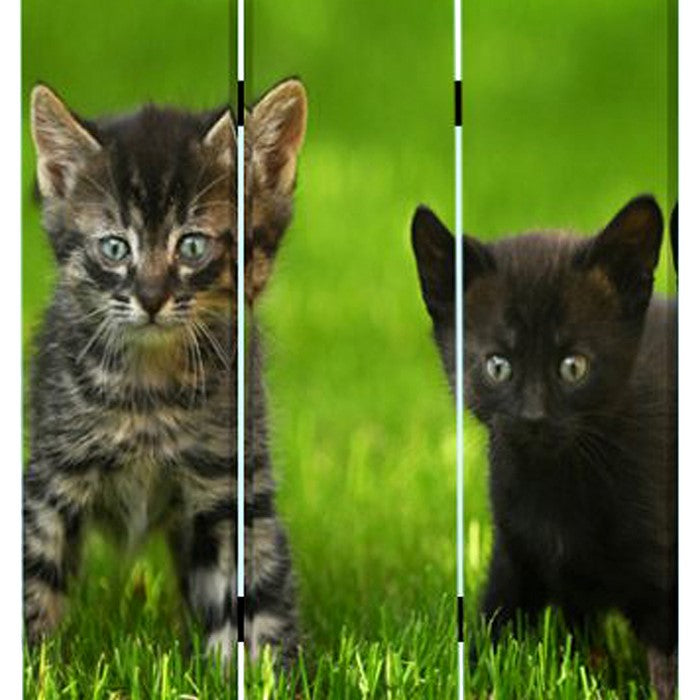 3 Panel Foldable Wooden Screen with Kitten Print, Brown and Green