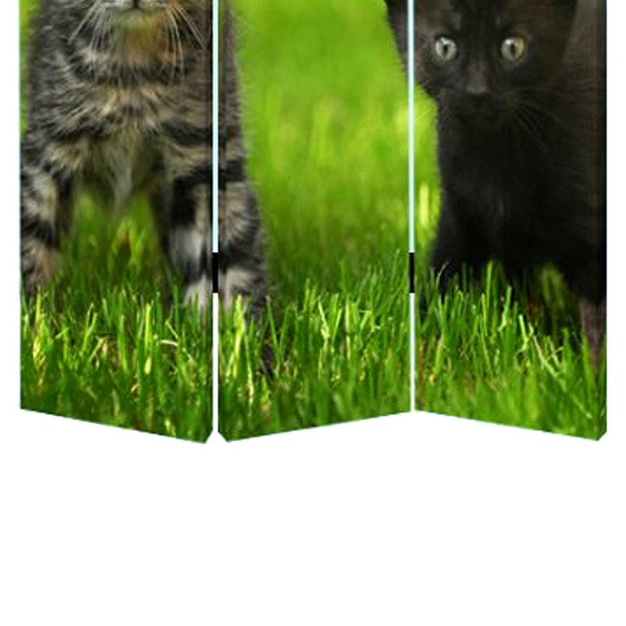 3 Panel Foldable Wooden Screen with Kitten Print, Brown and Green