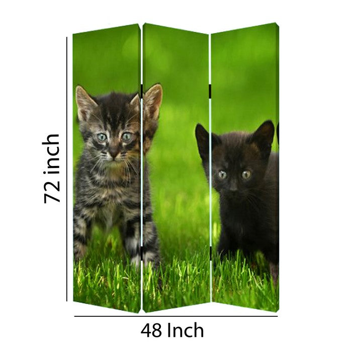 3 Panel Foldable Wooden Screen with Kitten Print, Brown and Green