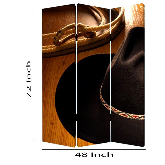3 Panel Foldable Canvas Screen with Country Print, Brown and Black