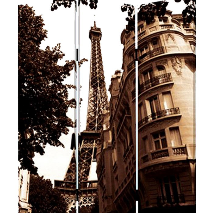 3 Panel Foldable Canvas Screen with Eiffel Tower Print, Brown