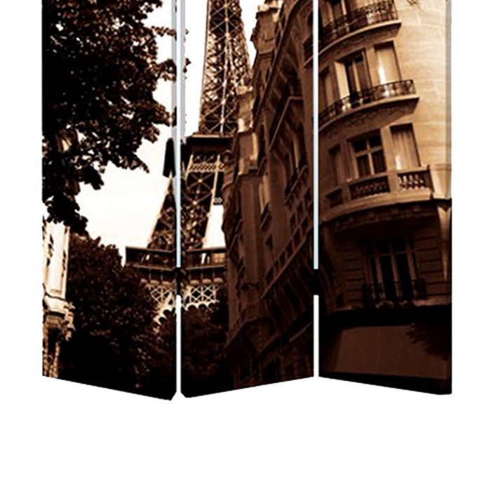 3 Panel Foldable Canvas Screen with Eiffel Tower Print, Brown