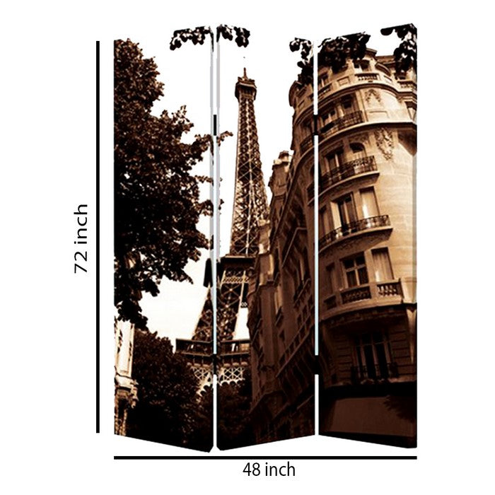 3 Panel Foldable Canvas Screen with Eiffel Tower Print, Brown