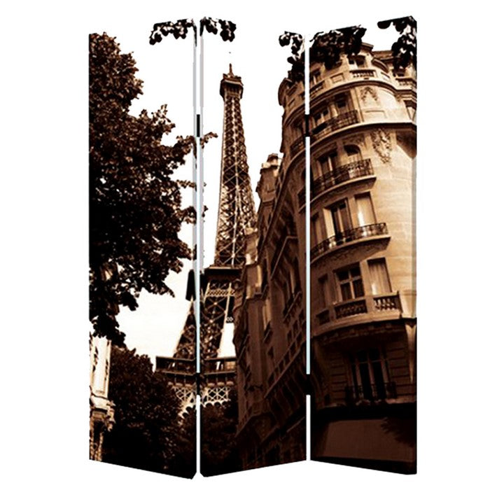 3 Panel Foldable Canvas Screen with Eiffel Tower Print, Brown
