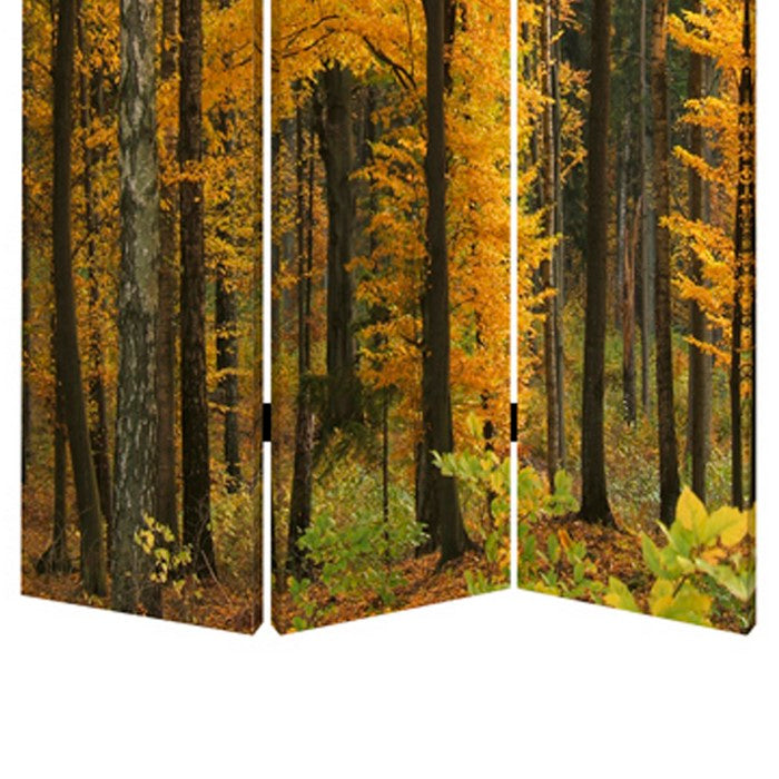 Foldable Canvas Screen with 3 Panel Autumn Forest Print, Multicolor