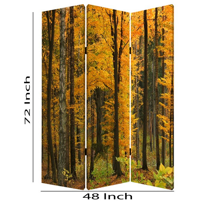 Foldable Canvas Screen with 3 Panel Autumn Forest Print, Multicolor