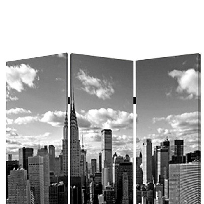 3 Panel Foldable Screen with New York Skyline Print, Black and White