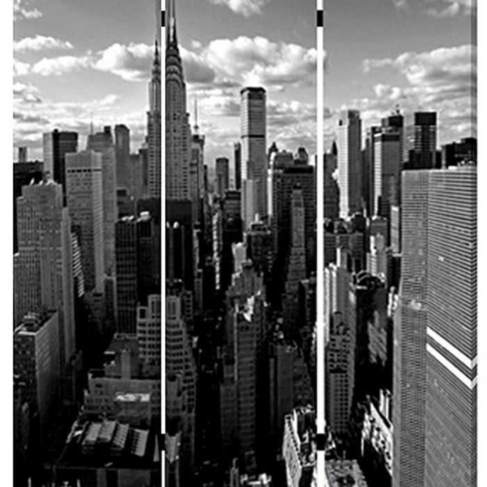 3 Panel Foldable Screen with New York Skyline Print, Black and White