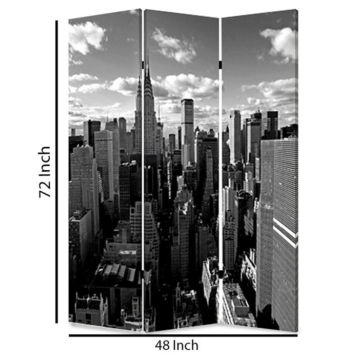 3 Panel Foldable Screen with New York Skyline Print, Black and White