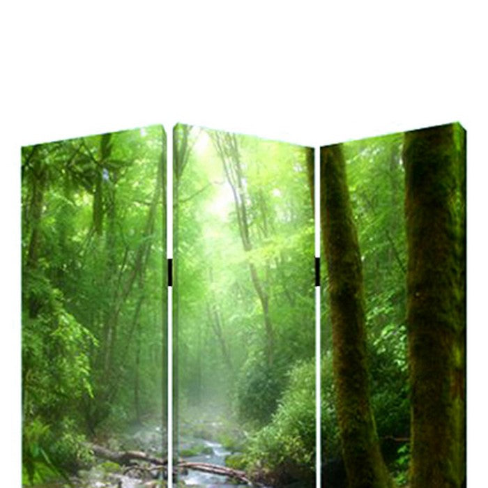 3 Panel Foldable Canvas Screen with Rainforest Print, Green