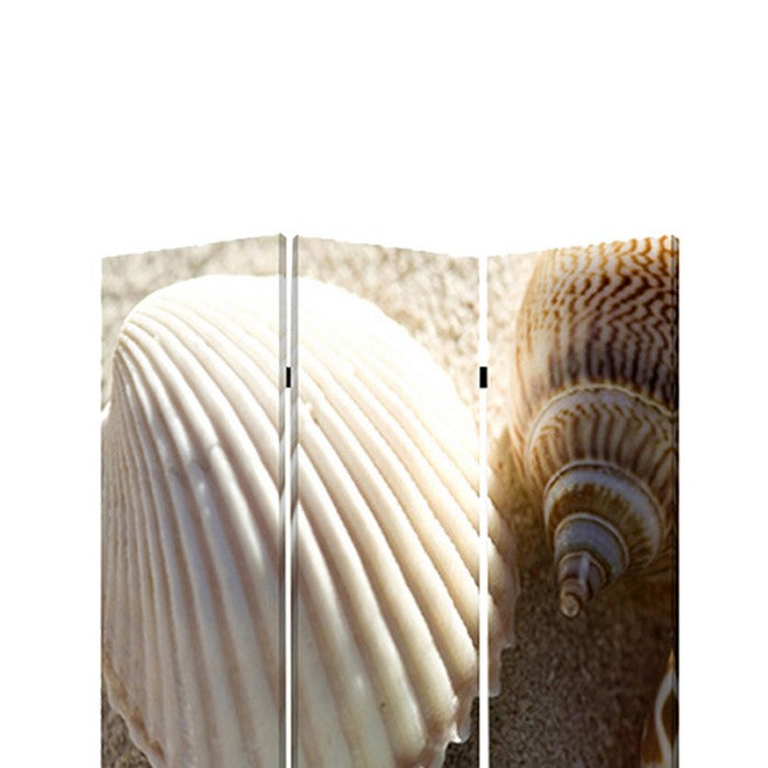 3 Panel Foldable Canvas Screen with Seashell Print, Brown and White
