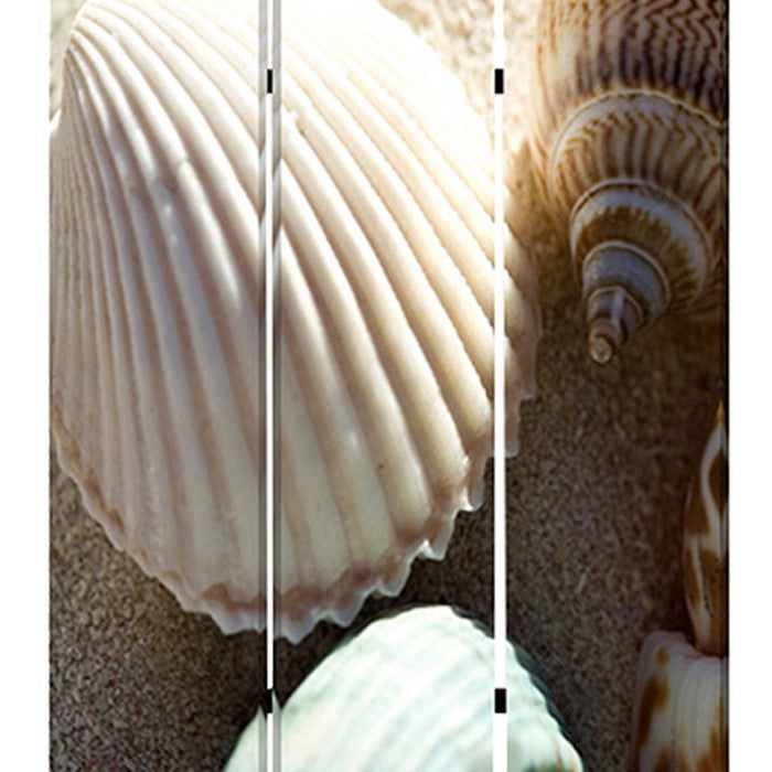 3 Panel Foldable Canvas Screen with Seashell Print, Brown and White