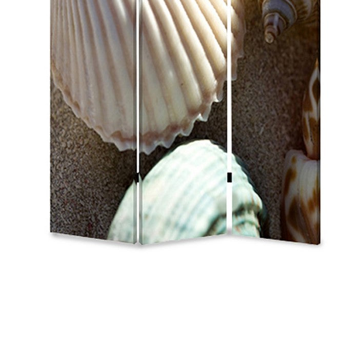 3 Panel Foldable Canvas Screen with Seashell Print, Brown and White