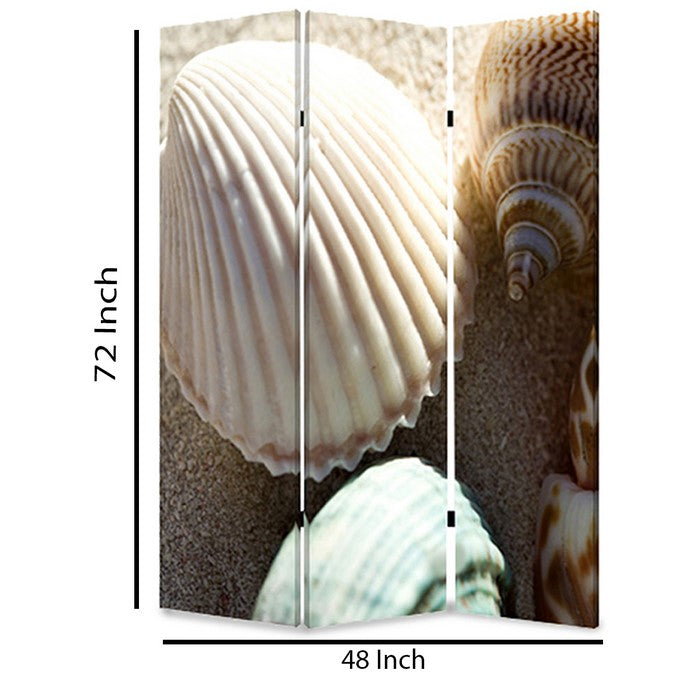 3 Panel Foldable Canvas Screen with Seashell Print, Brown and White