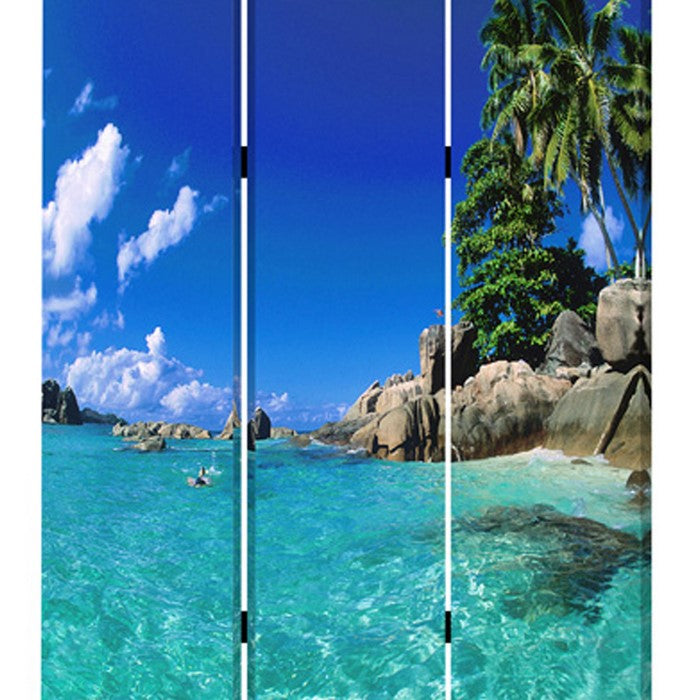 3 Panel Foldable Canvas Screen with Exotic Oceanside Print, Multicolor