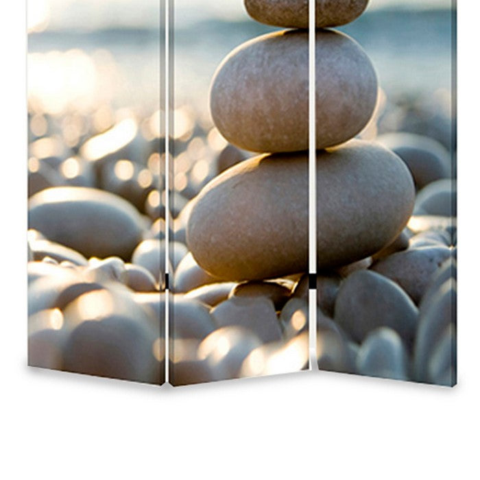 3 Panel Foldable Canvas Screen with Pebble Print, Brown and White