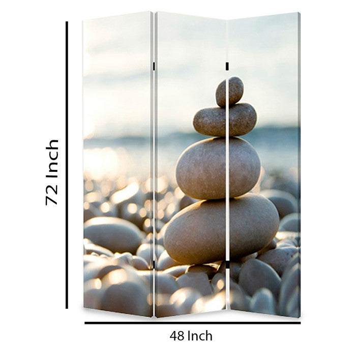 3 Panel Foldable Canvas Screen with Pebble Print, Brown and White