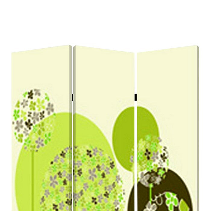 Abstract Floral Printed Foldable Screen with 3 Panels, Green and White