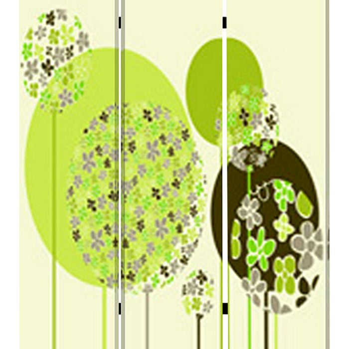 Abstract Floral Printed Foldable Screen with 3 Panels, Green and White