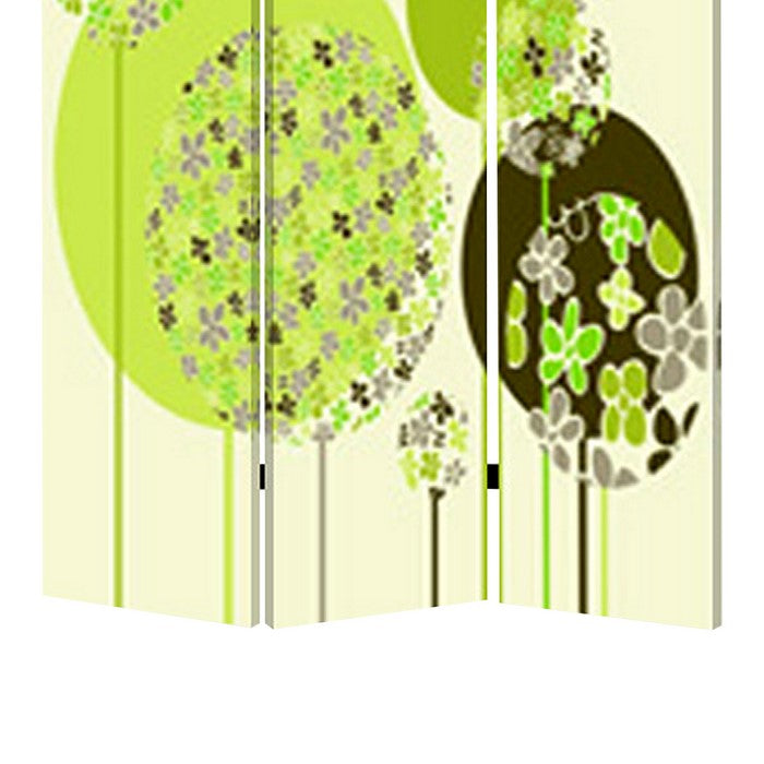 Abstract Floral Printed Foldable Screen with 3 Panels, Green and White