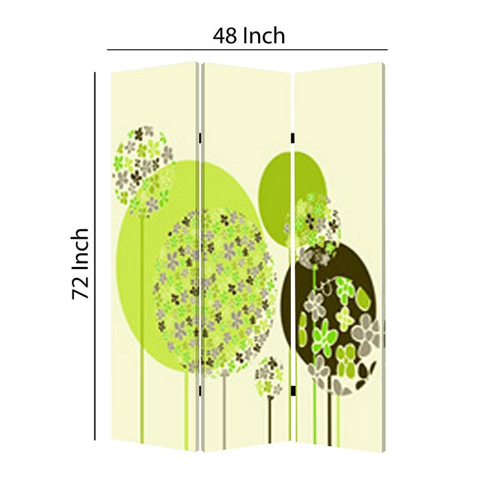 Abstract Floral Printed Foldable Screen with 3 Panels, Green and White