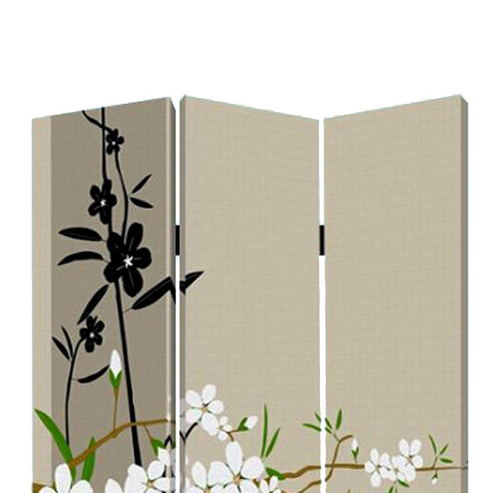 3 Panel Foldable Canvas Screen with Plum Blossom Print , Multicolor