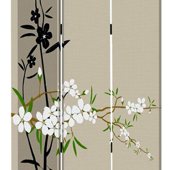 3 Panel Foldable Canvas Screen with Plum Blossom Print , Multicolor