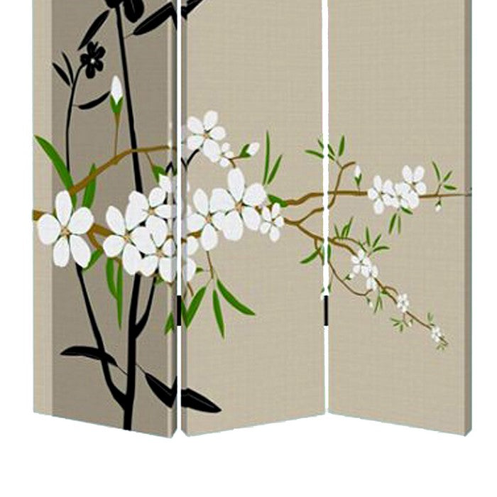 3 Panel Foldable Canvas Screen with Plum Blossom Print , Multicolor