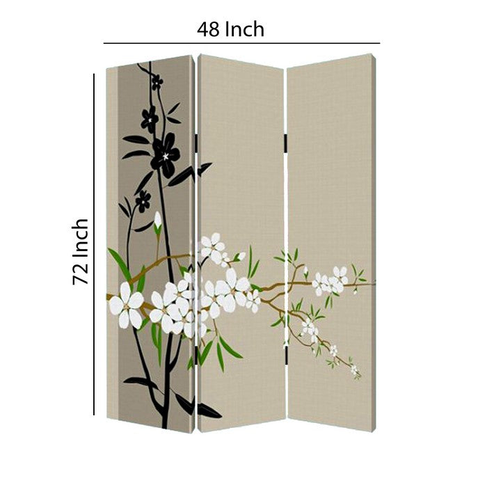 3 Panel Foldable Canvas Screen with Plum Blossom Print , Multicolor