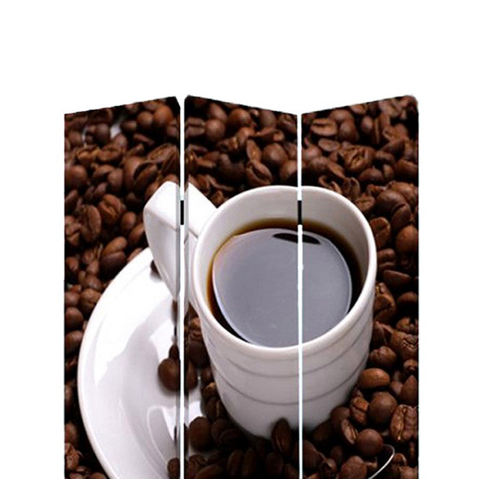 3 Panel Foldable Canvas Screen with Coffee Print, Brown and White