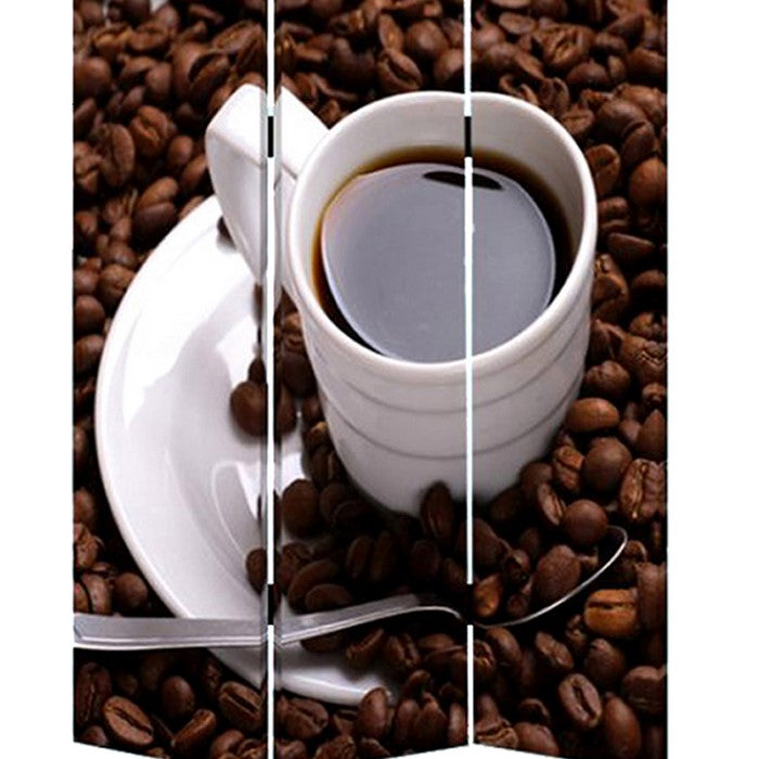 3 Panel Foldable Canvas Screen with Coffee Print, Brown and White