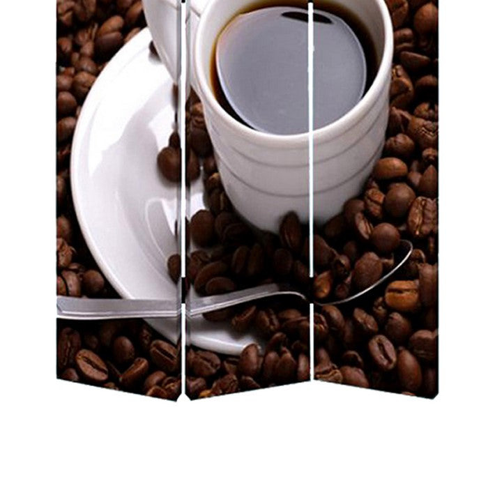 3 Panel Foldable Canvas Screen with Coffee Print, Brown and White