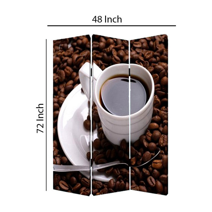 3 Panel Foldable Canvas Screen with Coffee Print, Brown and White