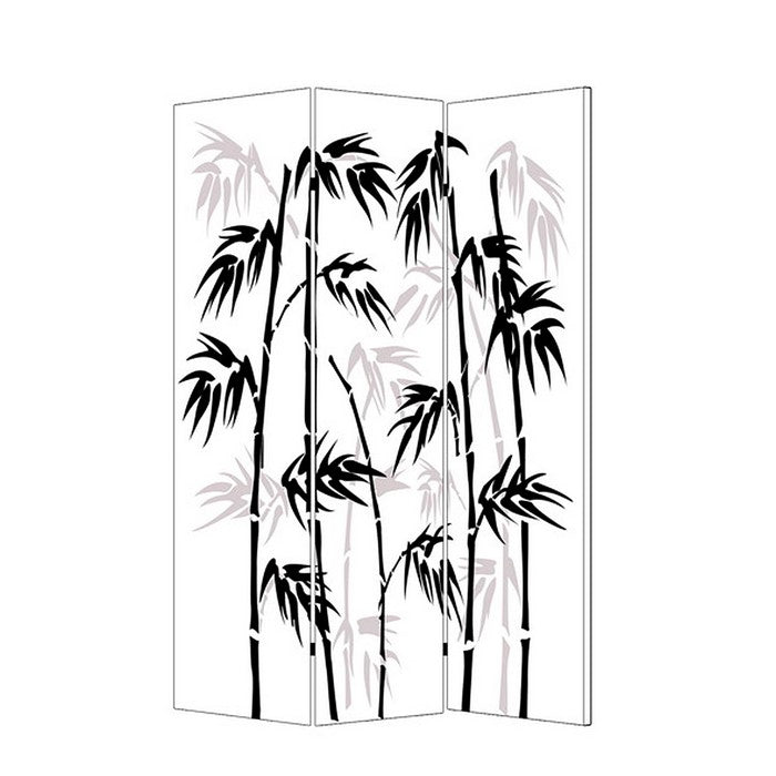 3 Panel Foldable Canvas Bamboo Leaf Print Screen, Black and White