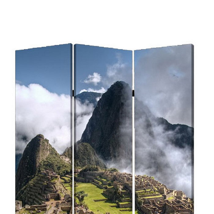 3 Panel Foldable Canvas Screen with Machu Picchu Print, Multicolor
