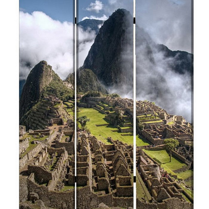 3 Panel Foldable Canvas Screen with Machu Picchu Print, Multicolor