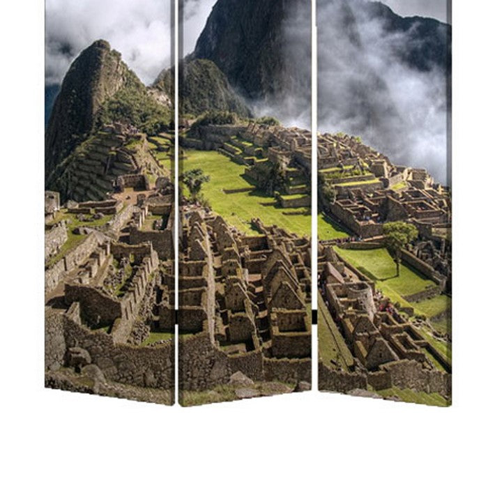 3 Panel Foldable Canvas Screen with Machu Picchu Print, Multicolor