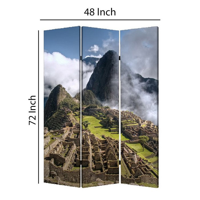 3 Panel Foldable Canvas Screen with Machu Picchu Print, Multicolor
